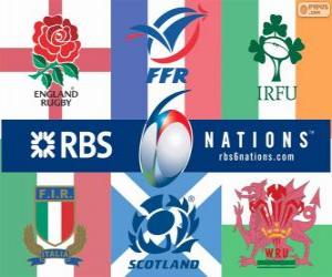 Puzzle Λογότυπο του το πρωτάθλημα των έξι Εθνών ράγκμπι με τους συμμετέχοντες: Γαλλία, Σκωτία, Αγγλία, Ουαλία, Ιρλανδία και Ιταλία